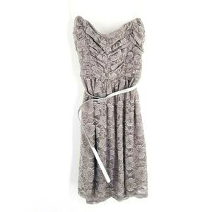 AUW Lace Ruche Strapless Dress w/ Silver Belt